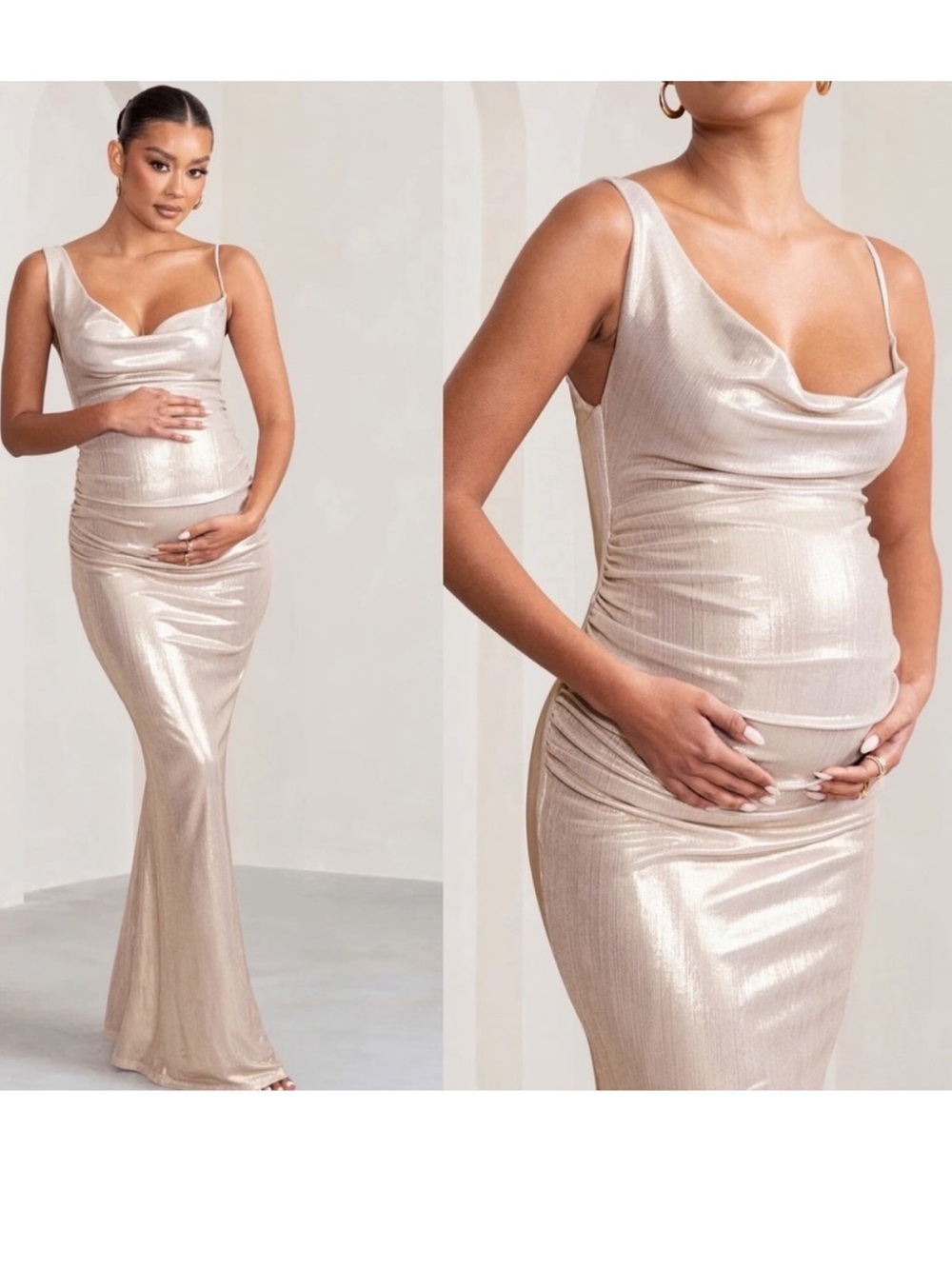 Gold Maternity Cowl neck maxi dress